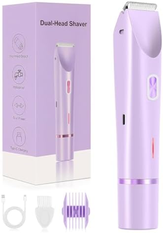 Dermave Bikini Shaver 2.0, Dual Head Electric Bikini Trimmer for Women, 2 in 1 Wet and Dry Waterproof Glow Aura Womens Shaver for Face, Legs, Underarm (Purple)