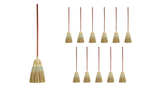 Rubbermaid Commercial Products Heavy-Duty Corn Broom, 1 1/8-Inch Wood Handle, Blue, Indoor/Outdoor Broom for Courtyard/Garage/Lobby/Mall/Office, Pack of 12