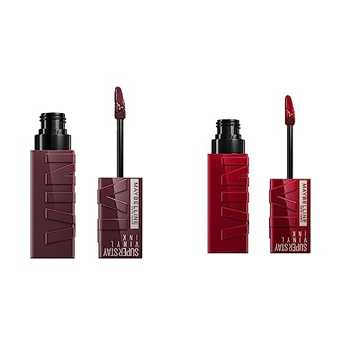MAYBELLINE Super Stay Vinyl Ink Longwear No-Budge Liquid Lipcolor Makeup Bundle with Royal Deep Wine Red 0.14 fl oz and Fearless Brown 0.14 fl oz Lipsticks