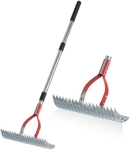 Thatch Rake, 15-inch Lawn Dethatcher Rake, Metal Lawn Rake for Thatch with Stainless Steel Handle, Adjustable 42 to 71 inch Grass Rake for Leaves, Dead Grass, Loosening Soil