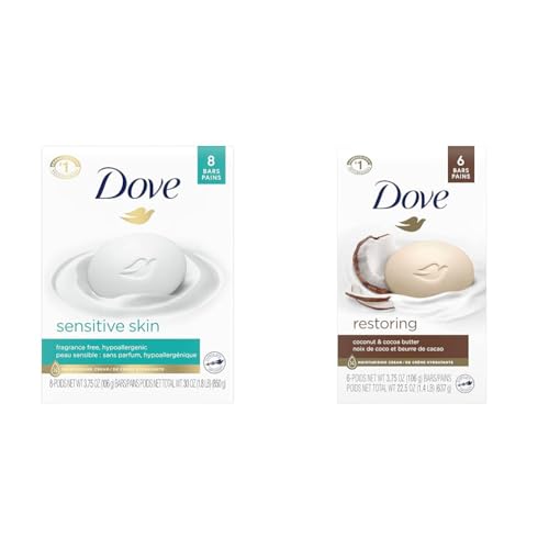 Dove Beauty Bar Sensitive Skin Pack of 8 and Coconut Milk Pack of 6 Bars Total 14 Bars