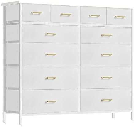 Chest of Drawers for Bedroom with 12 Deep Drawers Tall Fabric Dresser, Storage Cabinet for Closet, Nursery, Bedside, Living Room, Entryway, Hallway (White)