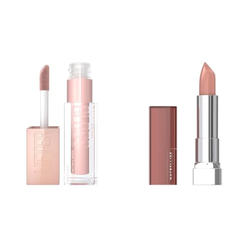MAYBELLINE Lifter Gloss Hydrating Lip Gloss with Hyaluronic Acid Ice Pink Neutral 0.18oz & Color Sensational Lipstick Nude Lust Nude 1 Count