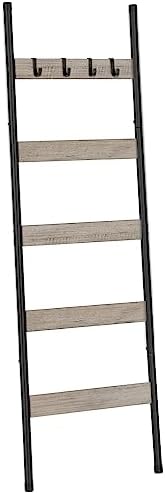 HOOBRO Blanket Ladder, 5-Tier Towel Rack with Hooks, Wall-Leaning Blanket Rack, Decorative Display Ladder Shelf, Scarves, Industrial, Living Room, Bedroom, Greige and Black BG52CJ01