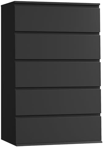 FOTOSOK Black Dresser, 5 Drawer Dresser Tall Black Drawer with Large Storage Space, Modern Chest of Drawers, 23.6L x 17.6W x 39.1H Inch Storage Organizer Cabinet for Home