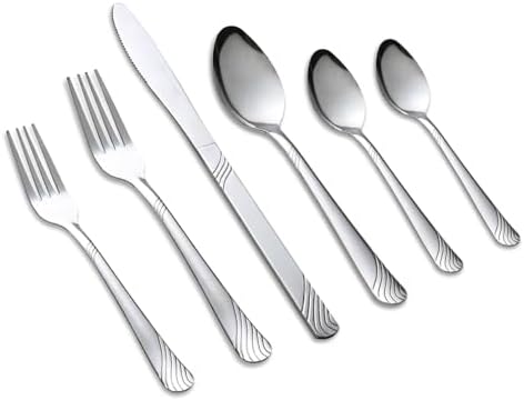 Lorena 48pcs Silverware set, Stainless Steel Tableware Set service for 8, Durable, Modern, Flatware Set Perfect for Weddings, Birthday Parties & Everyday Use, Holiday Gifts, Dishwasher safe (Silver)