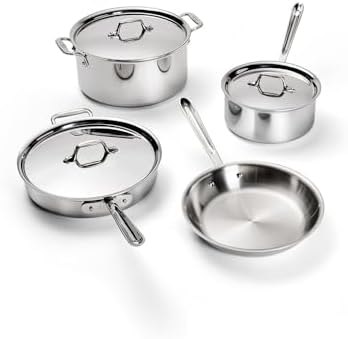 All-Clad D3 3-Ply Stainless Steel Cookware Set – 7-Piece Pots and Pans Set, Induction, Oven Broiler Safe 600F - Includes Frying Pans, Saucepans, Sauté Pan, Stockpot, Professional Cookware – Silver
