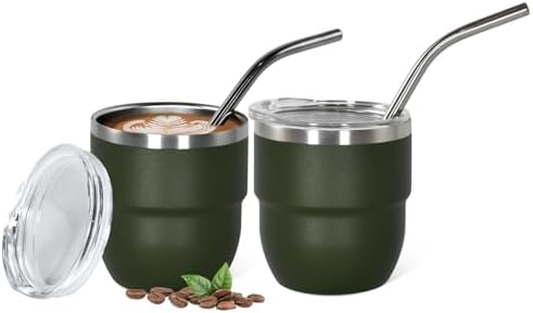 4oz Stackable Cup, Vacuum Insulated Espresso Cup Set of 2, Espresso Shot Glass for Coffee, Double Wall Stainless Steel Mini Tumbler Shot Glasses with Straw and Lid (A-green2P, 4oz)