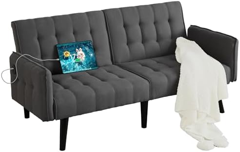 TYBOATLE 65“ Convertible Futon Sofa Bed w/ 2 USB, Upholstered Tufted Small Adjustable Folding Couch Loveseat, Modern Mid Century Sleeper Sofa for Living Room, Bedroom, Apartment, Office (Dark Grey)