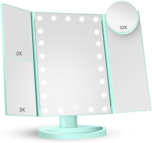 HUONUL Makeup Mirror Vanity with Lights, 2X 3X 10X Magnification, Lighted Mirror, Touch Control, Trifold Dual Power Supply, Portable LED Women Gift (Green)
