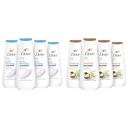 Dove Body Wash Gentle Exfoliating With Sea Minerals 4 Count and Pampering Shea Butter & Vanilla for Renewed, Healthy-Looking Skin Gentle Skin Cleanser Bundles (20 oz)
