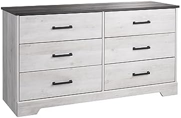 Prepac Rustic Ridge Farmhouse 6-Drawer Double Dresser, Washed White Dresser for Bedroom, Chest of Drawers with 6 Storage Drawers, 53.25” wide x 18.25” deep x 28.5” tall, Washed White