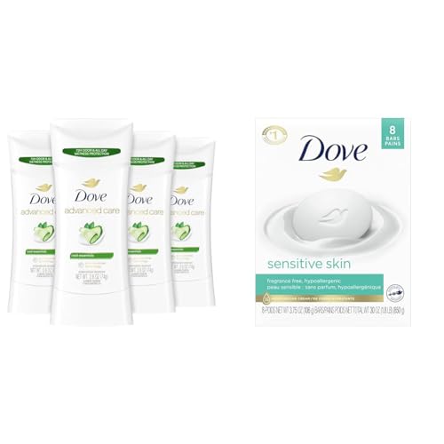Dove Advanced Care Antiperspirant Deodorant Stick Cool Essentials 4 ct and Dove Beauty Bar More Moisturizing Than Bar Soap Sensitive Skin 3.75 Ounce (Pack of 8)