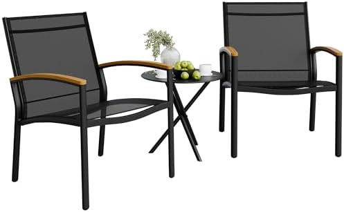 Shintenchi 3 Pieces Patio Bistro Sets, Outdoor Textilene Fabric Conversation Bistro Set, Textilene Fabric Front Porch Chairs Small Patio Furniture Set with Table for Lawn,Garden,Balcony (Black)