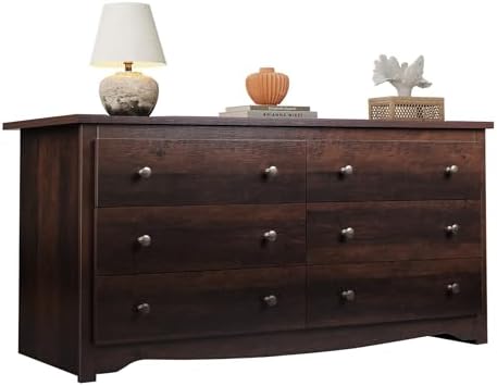 WLIVE Dresser for Bedroom, 59” Wide Chest of Drawers with 6 Drawer, Wood Long Nightstand with Drawers, Modern Large Storage Tower Unit, Closet Store Organizer for Living Room, Hallway, Brown