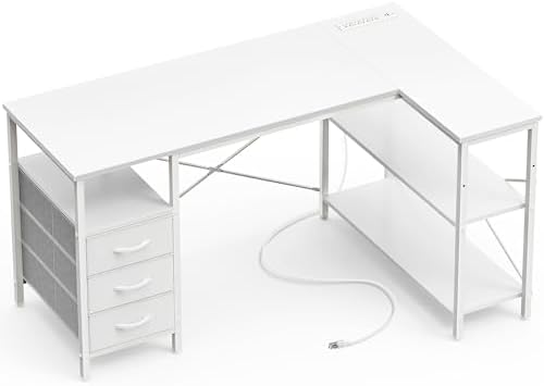Huuger L Shaped Office Desk with Power Outlets, 47 Inch Computer Desk with 3 Drawers, Shelves, for Gaming, Corner Work, Home Office, Study, White