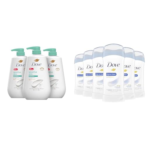 Dove Sensitive Skin Body Wash 30.6 fl oz Pack of 3 and Invisible Solid Antiperspirant Deodorant Stick for Women Original Clean 2.6 Ounce Pack of 6