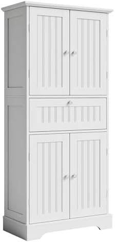 ChooChoo 51" H Tall Bathroom Floor Cabinet, Modern Bathroom Storage Cabinet with Drawer and Adjustable Shelves, Freestanding Kitchen Pantry Cupboard with 4 Doors for Living Room, White