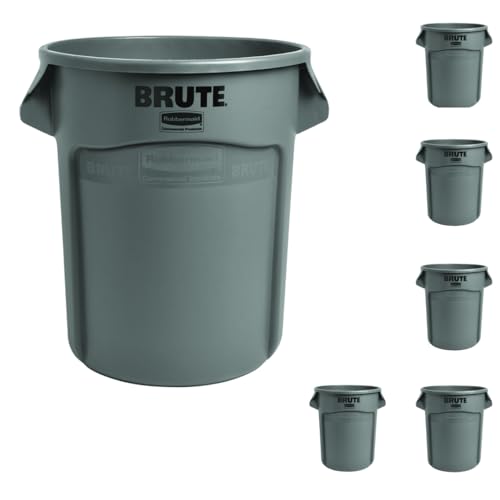 Rubbermaid Commercial Products BRUTE Heavy-Duty Round Trash/Garbage Can, 20-Gallon, Gray,Outdoor Waste Container for Landscapers/Construction/Restaurants/Back of House/Offices/Warehouses, Pack of 6
