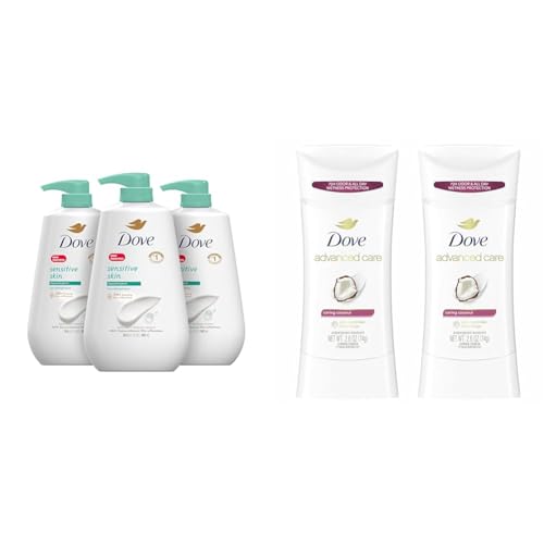Dove Sensitive Skin Body Wash 30.6 fl oz Pack of 3 Antiperspirant Deodorant Stick Caring Coconut Twin Pack 2.6 oz
