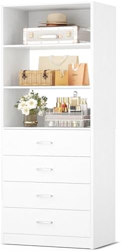 Aheaplus Closet Drawers System, 21.3" Wood Closet Organizer System with 4 Drawers, Modular Walk-in Closet System Storage Unit, Small Closets Wardrobe Rack, Tall Storage Cabinet Unit, White