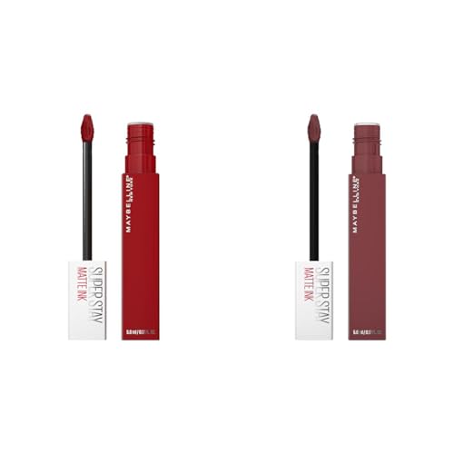 MAYBELLINE Super Stay Matte Ink Liquid Lipstick Bundle, Long Lasting High Impact Color, Up to 16H Wear, Exhilarator Ruby Red and Mover Brown, 1 Count Each
