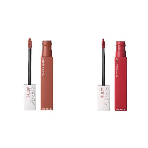 MAYBELLINE Super Stay Matte Ink Liquid Lipstick Makeup, Long Lasting High Impact Color, Up to 16H Wear, Amazonian Nude Brown and Pioneer Blue Red, 1 Count Each
