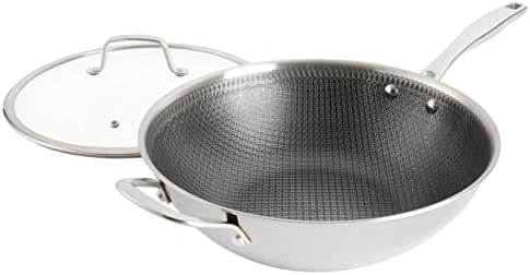 Kenmore Elite Luke Hybrid 12" Tri-Ply Stainless Steel PFOA Free Nonstick Wok Pan W/Lid, Metal Utensil Safe
