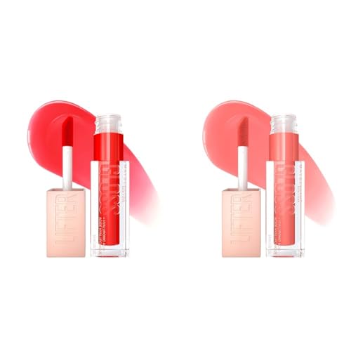 MAYBELLINE New York Lifter Gloss Hydrating Lip Gloss Bundle with Hyaluronic Acid, Sweetheart Sheer Red and Peach Ring Sheer Peach, 1 Count Each