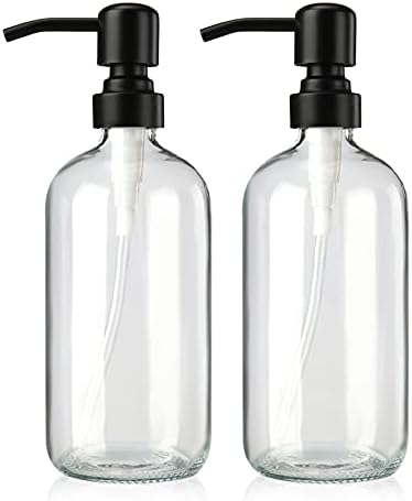 AmazerBath Soap Dispenser, 2 Pack Glass Soap Dispenser with Stainless Steel Pump, 17 Oz Bathroom Hand Soap Dispensers Bottle for Bathroom & Kitchen, Clear & Black