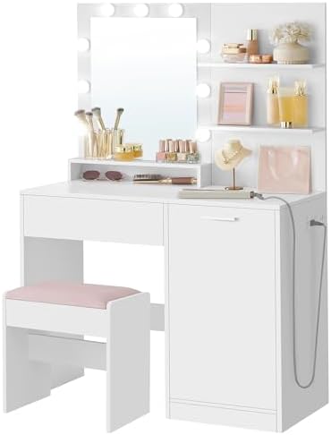 VASAGLE Vanity Desk with Mirror and Lights, 35.4-Inch Wide Makeup Vanity with Upholstered Vanity Stool, Power Outlets, Dimmable LED Lights, Storage Drawer, for Bedroom, Cloud White URDT128W01