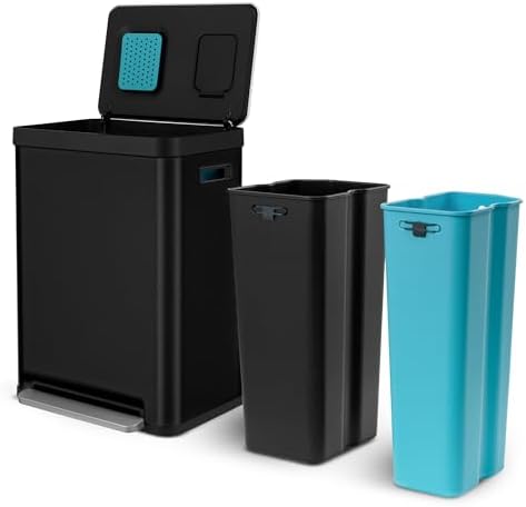 Home Zone Living 19 Gallon Kitchen Trash Can with Dual Compartments for Recycling, CleanAura Odor Control, Stainless Steel, Matte Black, 70 Liters Total