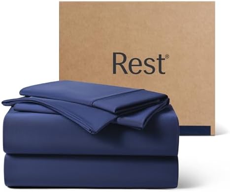 REST® Evercool®+ Cooling Sheet Set, Queen Size, Midnight Blue, Breathable Bed Sheets for Hot Sleeper and Night Sweats, with Pillowcases, with Ionic+ Self-Cleaning Silver Yarn for Sensitive Skin, 4PCS