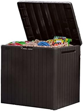 Keter City 30 Gallon Resin Outdoor Storage Box and Patio Furniture Side Table for Pool and Garden Accessories, Brown