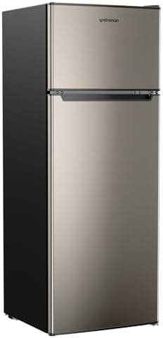 Upstreman 7.7 Cu.Ft. Refrigerator with Freezer, Double Door, Adjustable Thermostat, Large Capacity, Reversible Door Swing, Refrigerator for Apartment, Office, Dorm, Stainless (BD75)