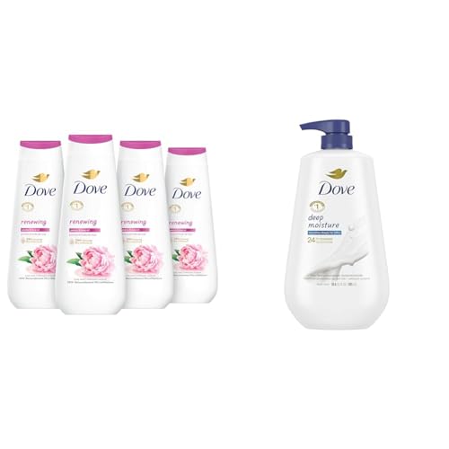 Dove Body Wash Renewing Peony Rose Oil 4 Count 20 oz & Deep Moisture Dry Skin 30.6 oz