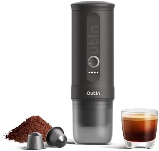 OutIn Nano Portable Electric Espresso Machine, Travel Coffee Maker for Camping, Car Coffee Maker Self-Heating with USB-C, With Ground Coffee & NS Capsule for RV, Hiking, Office