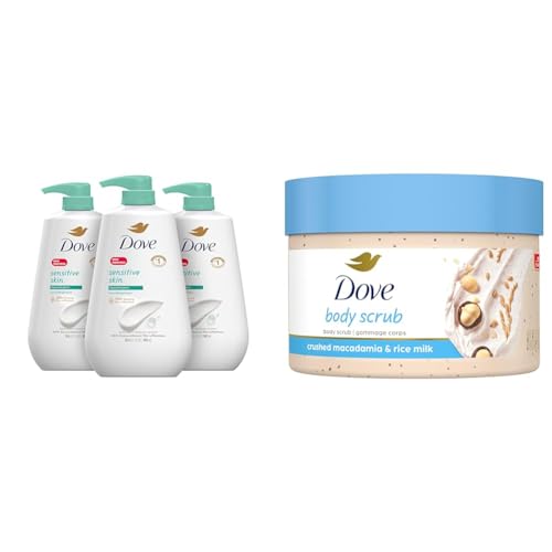 Dove Sensitive Skin Body Wash 30.6 fl oz Pack of 3 Scrub Macadamia & Rice Milk Reveals Smoother Skin Body Scrub 10.5 oz