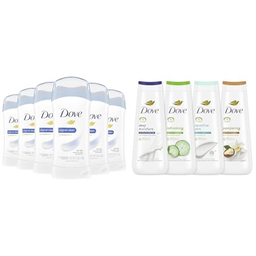 Dove Antiperspirant Deodorant Stick Pack of 6 and Body Wash Collection with Deep Moisture, Sensitive Skin, Cucumber and Green Tea, Shea Butter and Vanilla 4 Count 20 oz