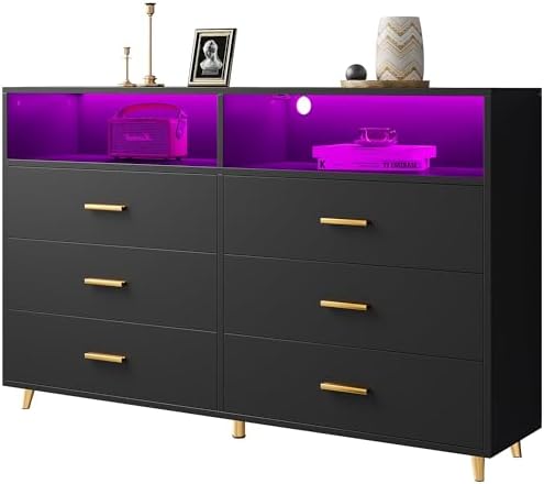 Black Dresser with LED Lights, Wood Dresser for Bedroom with 6 Wide Large Drawers,2 Open Shelves Top, Elegant Chest of Drawers for Living Room Hallway Entryway, 47.2" W