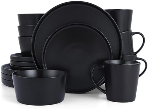 HaWare Dinnerware Sets, 16-Piece Stoneware Dinner Plates and Bowls for 4, Matte Dishes Mug, Chip & Scratch Resistant, Microwave & Dishwasher Safe - Frosting Black