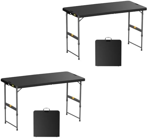 FanttikOutdoor 4ft Portable Folding Table, One-Handed Height Adjustment, 4 Heights, Gravity Lock, Carry Handle, Indoor Outdoor Heavy Duty Fold-in-Half Utility Table, Party, 2-Pack, Black Zeta X4 Pro