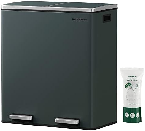 SONGMICS Trash Can, 2 x 8 Gallon (2 x 30 L) Garbage Can for Kitchen, with 15 Trash Bags, 2 Compartments, Plastic Inner Buckets and Hinged Lids, Airtight, Greenish-Gray ULTB60GS02