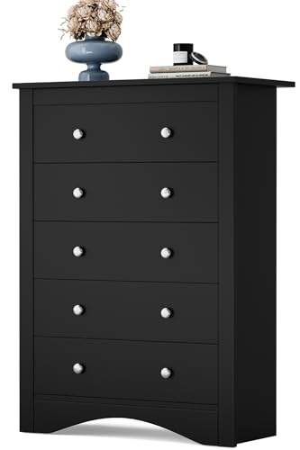 YESHOMY Tall Dresser for Bedroom with 5 Drawers, Modern Chest of Drawers, Wooden Dressers, TV Stand for Living Room,Closet, Hallway (Black)