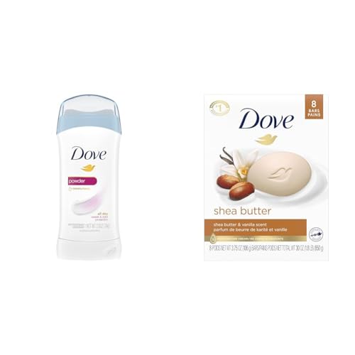 Dove Antiperspirant Deodorant, Powder 2.6 Ounce (Pack of 6) & Beauty Bar Skin Cleanser for Gentle Soft Skin Care Shea Butter More Moisturizing Than Bar Soap 3.75 oz 8 Bars