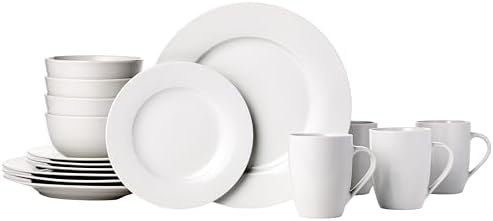Amazon Basics 16-Piece Porcelain Kitchen Dinnerware Set with Plates, Bowls and Mugs, Service for 4 - White