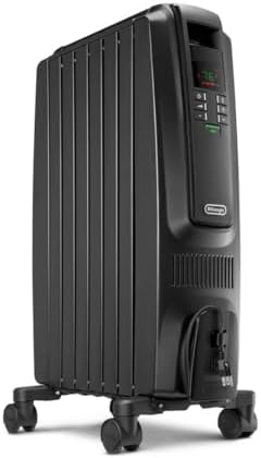 DeLonghi Dragon Digital Oil Filled Radiator Heater, 1500W Electric Space Heater for indoor use, programmable timer, Energy Saving, full room heater with safety features TRD40615EBK, 16"x10"x26", Black