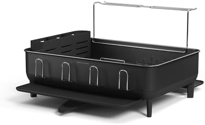 simplehuman Large Capacity Dish Drying Rack with Stainless Steel Frame, 360º Easy Drain Swivel Spout, Utensil & Wine Glass Holder, Anti-Residue Coating, Moisture Control Surface, Matte Black