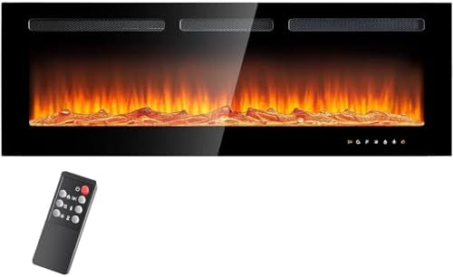 oneinmil Electric Fireplace, 50 inch Wide Recessed/Wall Mounted Electric Fireplace, Remote Control with Timer 12 Adjustable Color Flame, Remote Control,with Crystal Stone, 750/1500W