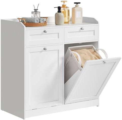 VASAGLE Laundry Cabinet with Tilt-Out Basket, Freestanding Storage Unit with Drawer and Laundry Hamper, for Bathroom, Living Room, 15.8 x 31.1 x 31.5 Inches, Cloud White UBBC751W01